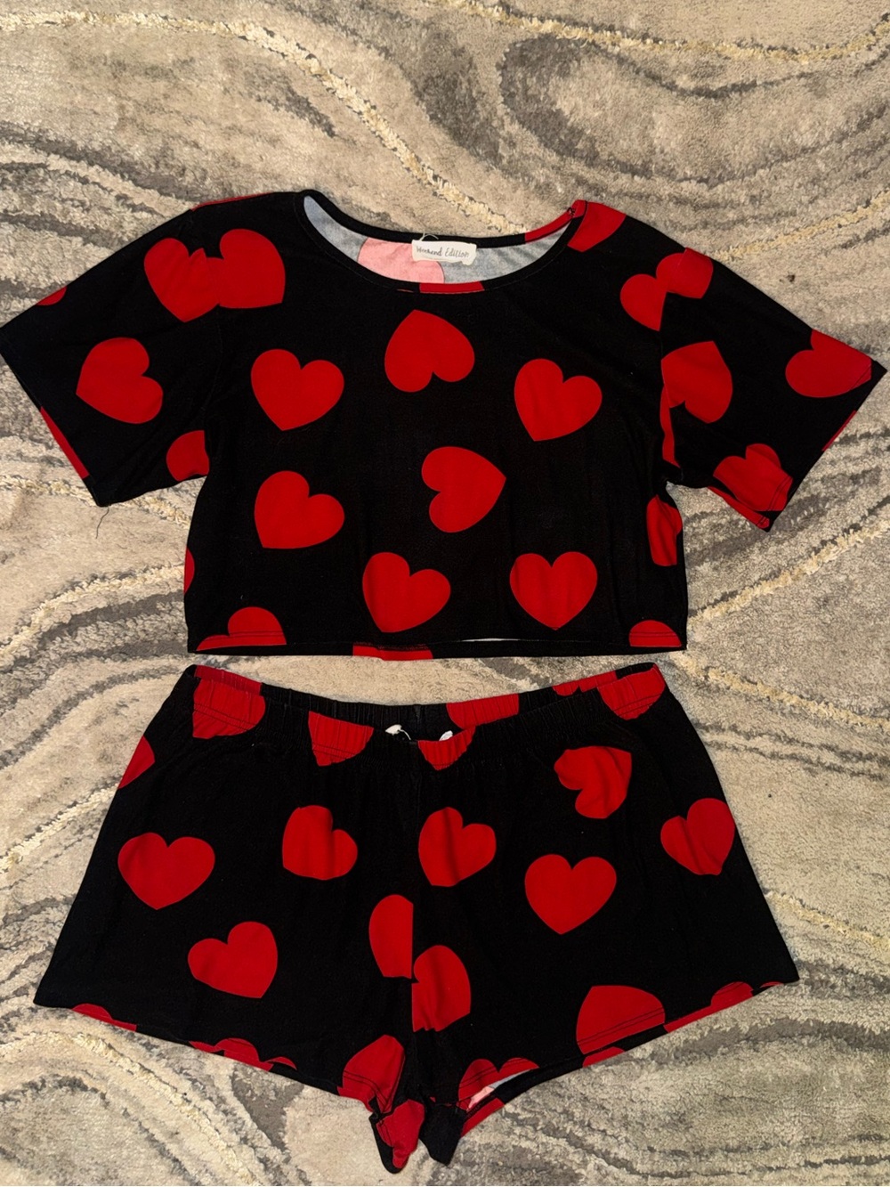 Cozy Black & Red Heart Crop Pajama Set